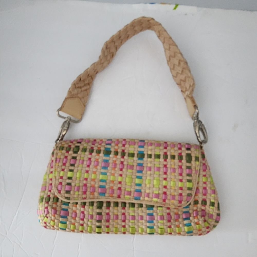 The Sak multi colored woven small tote purse woven strap handbag silver hardware